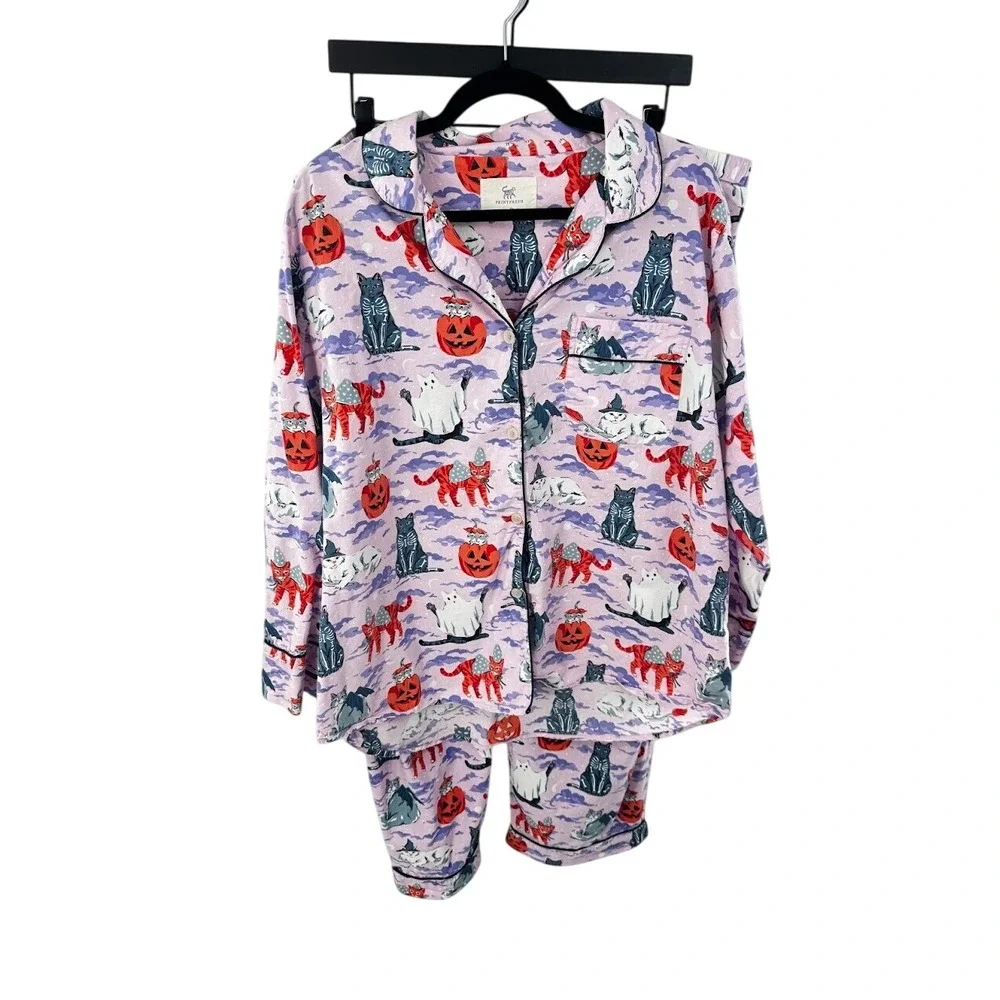 Printfresh Halloween Cats Lavender Pajama Set 1X Long Sleeve Cotton Poplin